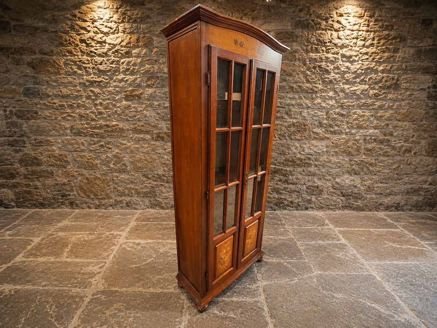 Inlaid Mahogany Display Cabinet | Vintage English Glazed Display Cabinet | Sheraton Style China Cabinet | Glass Front Curio Cabinet