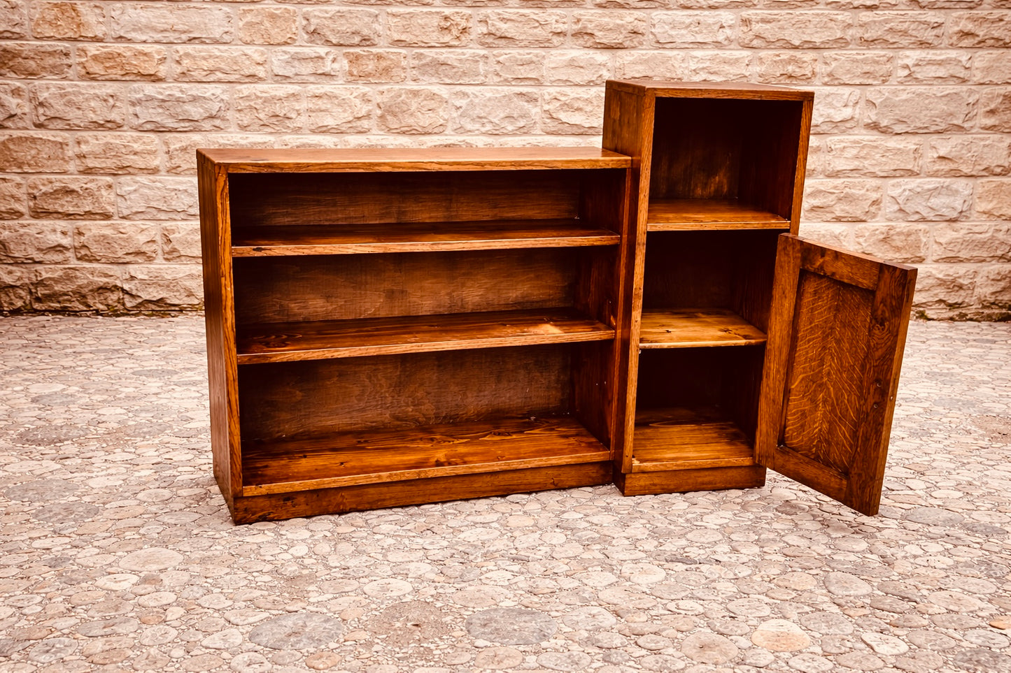 Vintage Oak Asymmetrical Bookcase – Mid Century Shelving Unit with Cupboard