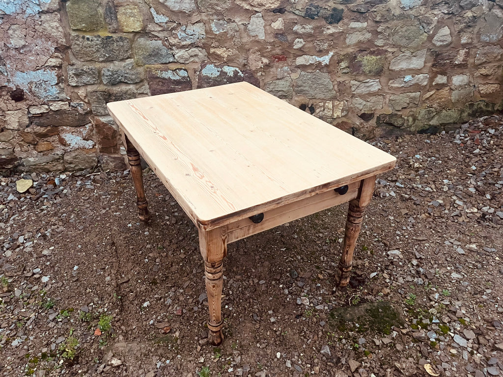 Antique Pine Farmhouse Table with Drawer – Rustic Stripped Wood Kitchen Dining Table – Victorian Turned Leg Table