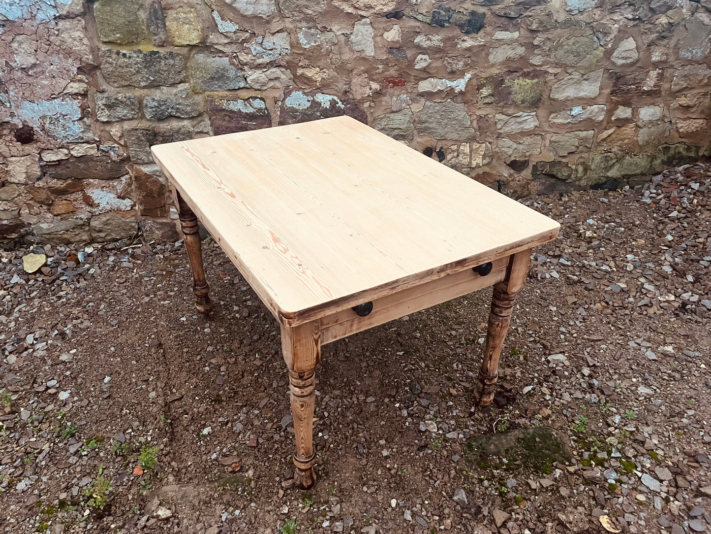 Antique Pine Farmhouse Table with Drawer – Rustic Stripped Wood Kitchen Dining Table – Victorian Turned Leg Table