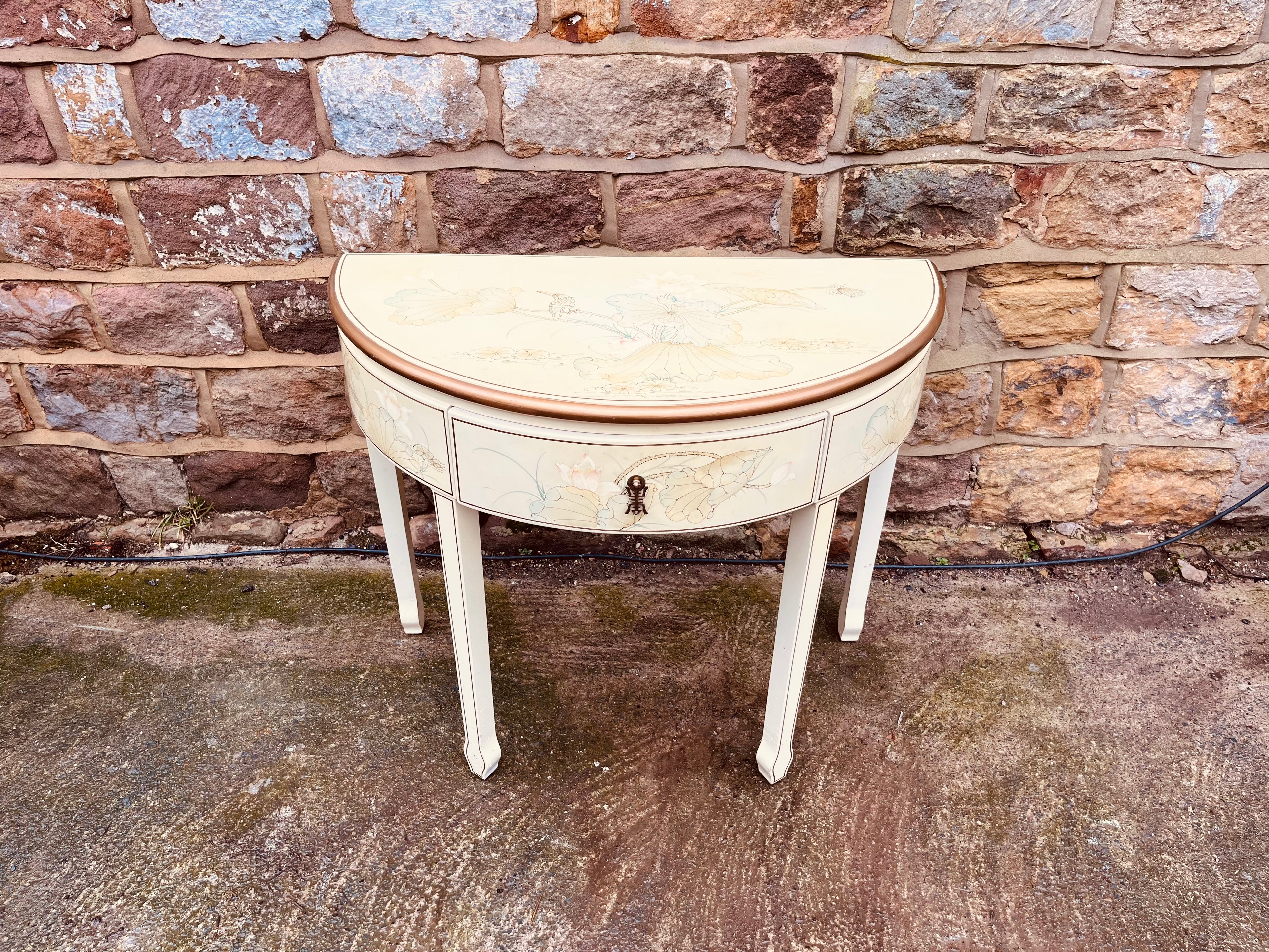 Chinese Lacquer Demi Lune Console Table – Hand Painted Cream Oriental Hall Table