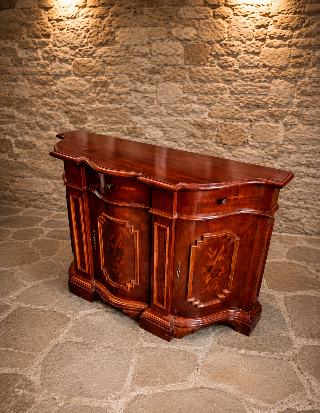 Antique Italian Walnut Marquetry Sideboard | Serpentine Credenza | Neoclassical Revival Buffet Cabinet | Circa 1920