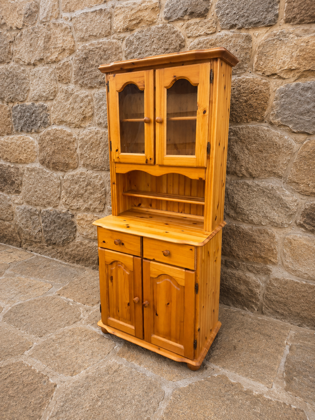 Vintage Pine Kitchen Dresser Cabinet | Rustic Farmhouse Display Unit | Country Cottage Glazed Storage Cupboard
