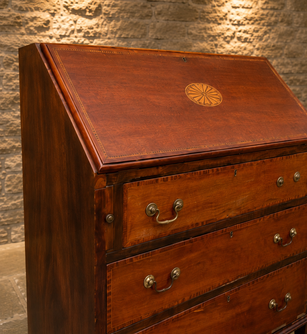 Georgian Style Mahogany Bureau | Flame Mahogany Writing Desk | Satinwood Inlaid Fall Front Secretary Desk | Fitted Interior
