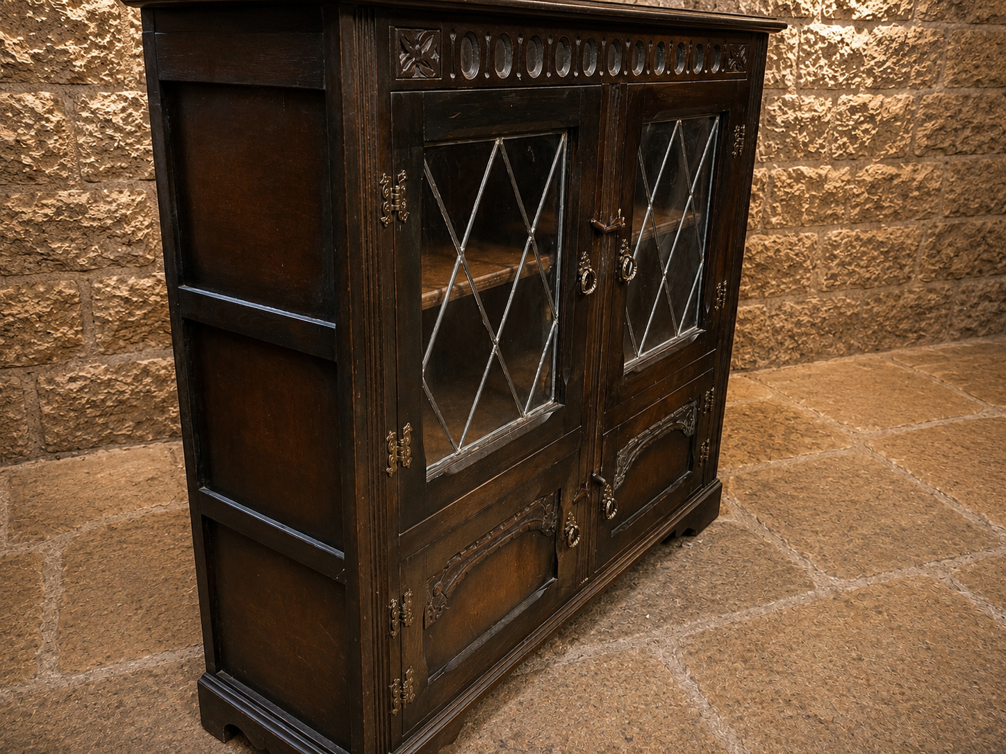 Vintage Jacobean Revival Oak Leaded Glass Sideboard | English Court Cupboard | Antique Display Cabinet | Drinks Cabinet