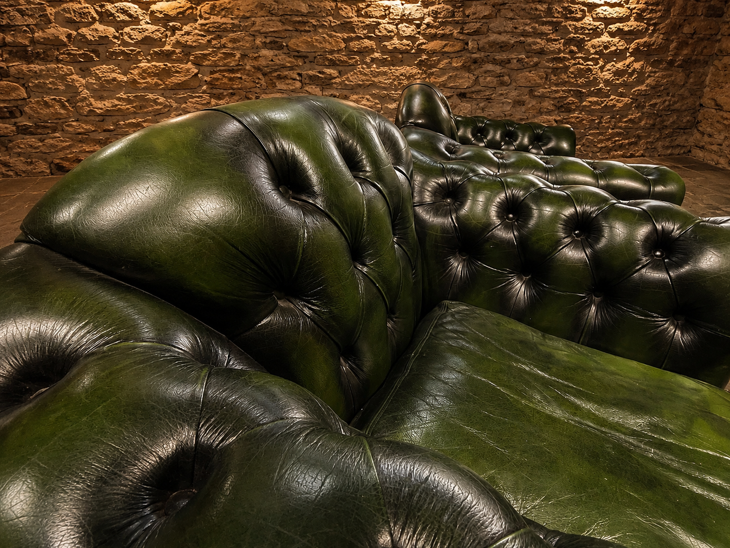 Vintage Pair of Green Leather Chesterfield Club Armchairs