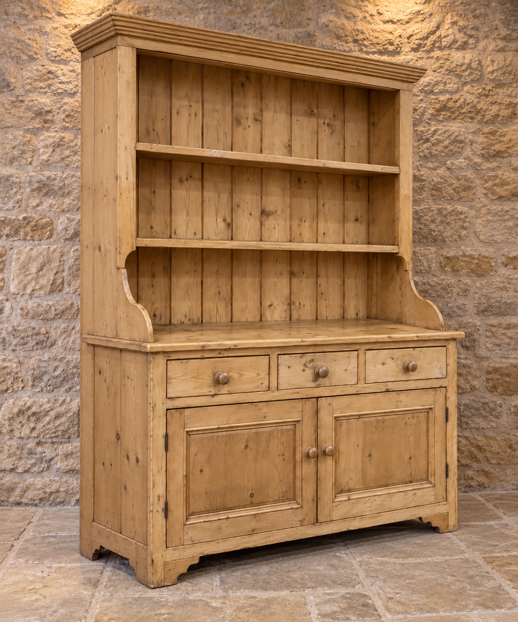 Vintage pine farmhouse dresser with open shelving