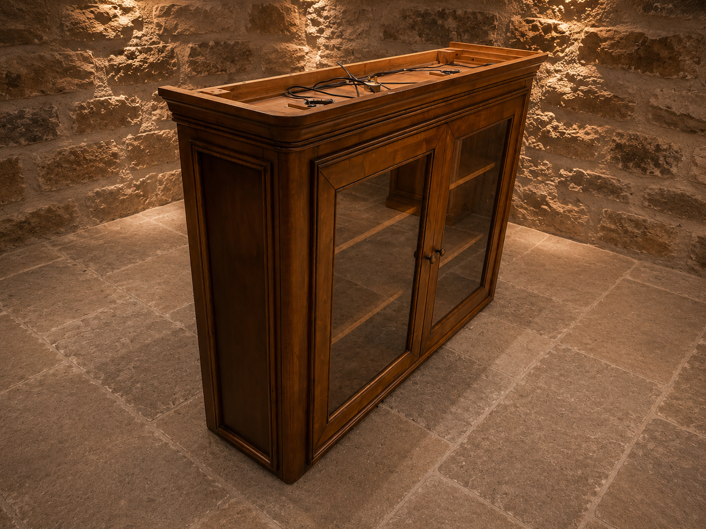 Large French Provincial Cherry Wood Glazed Display Cabinet | Country Farmhouse Glass Display Cabinet