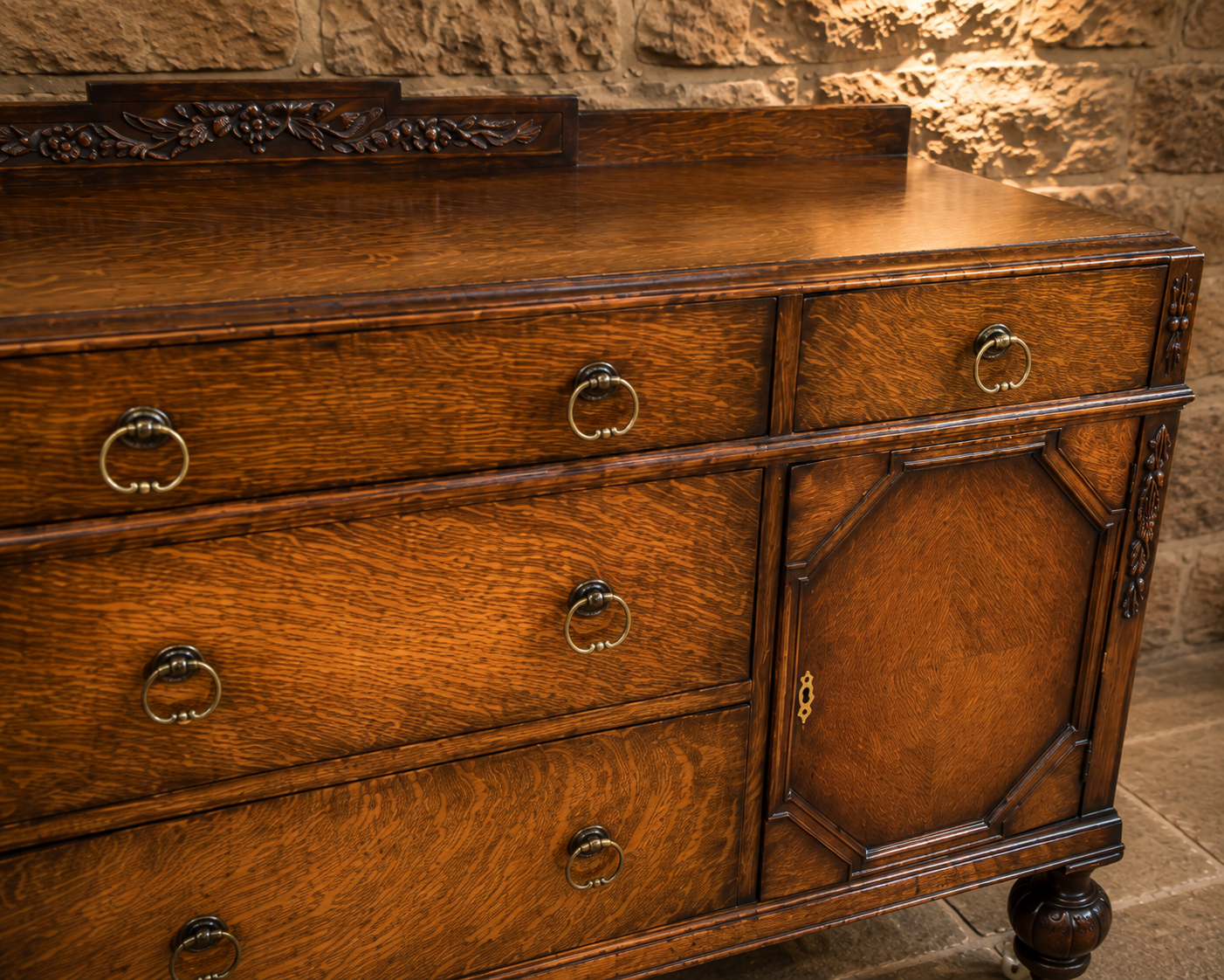 Antique English Tiger Oak Jacobean Revival Sideboard | Solid Oak Buffet | Circa 1930