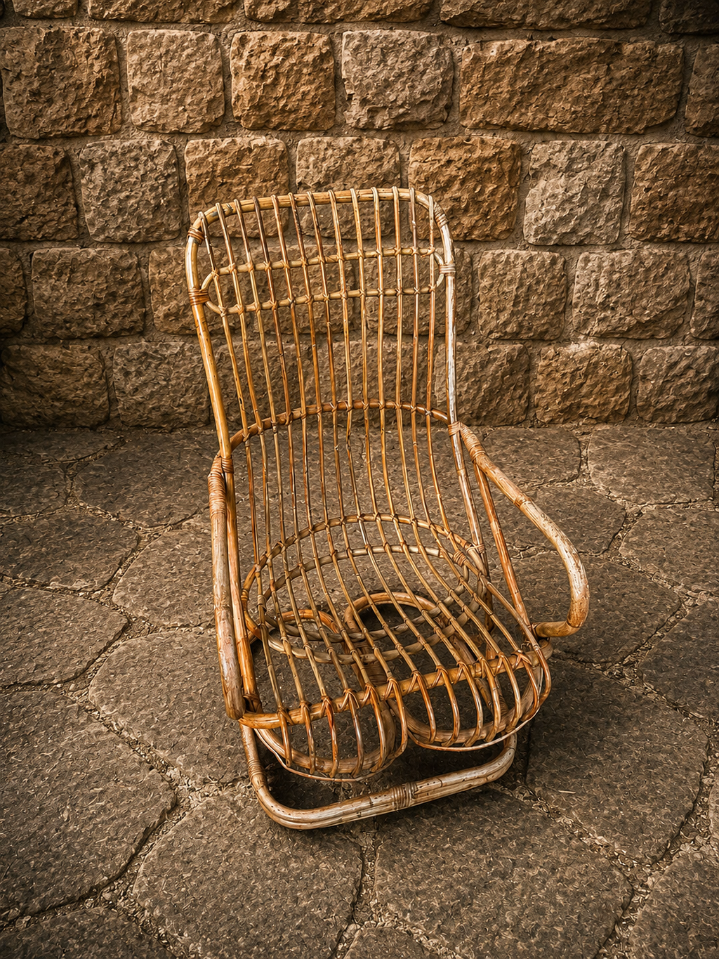Vintage Rattan Rocking Chair – 1970s Boho Wicker Lounge Chair
