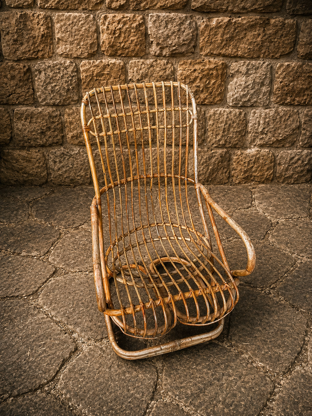 Vintage Rattan Rocking Chair – 1970s Boho Wicker Lounge Chair