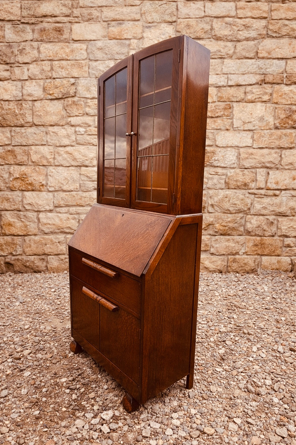 Vintage Oak Bureau Bookcase Cabinet with Glazed Top & Drop Front Desk