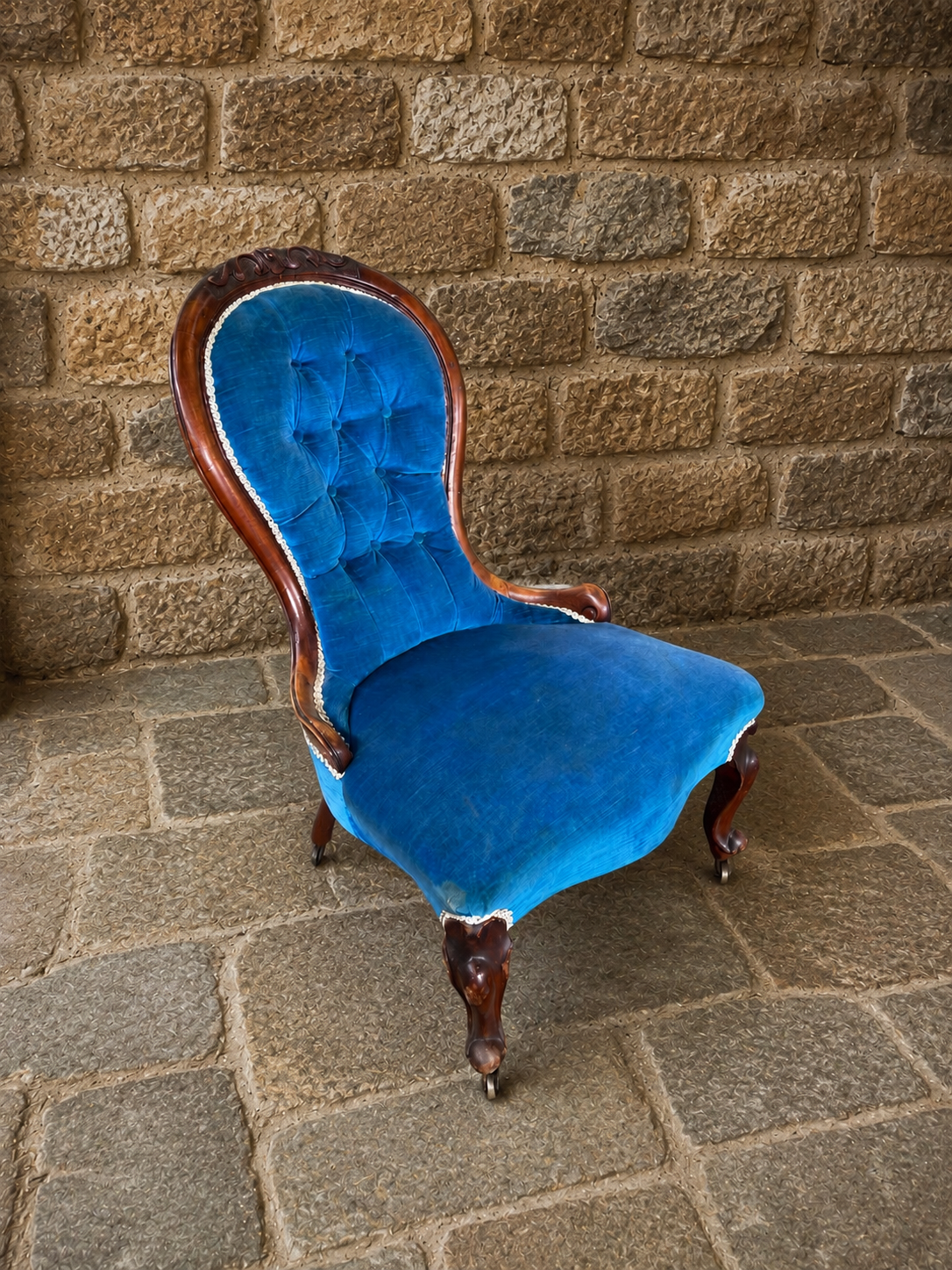 Antique Victorian Blue Velvet Nursing Chair