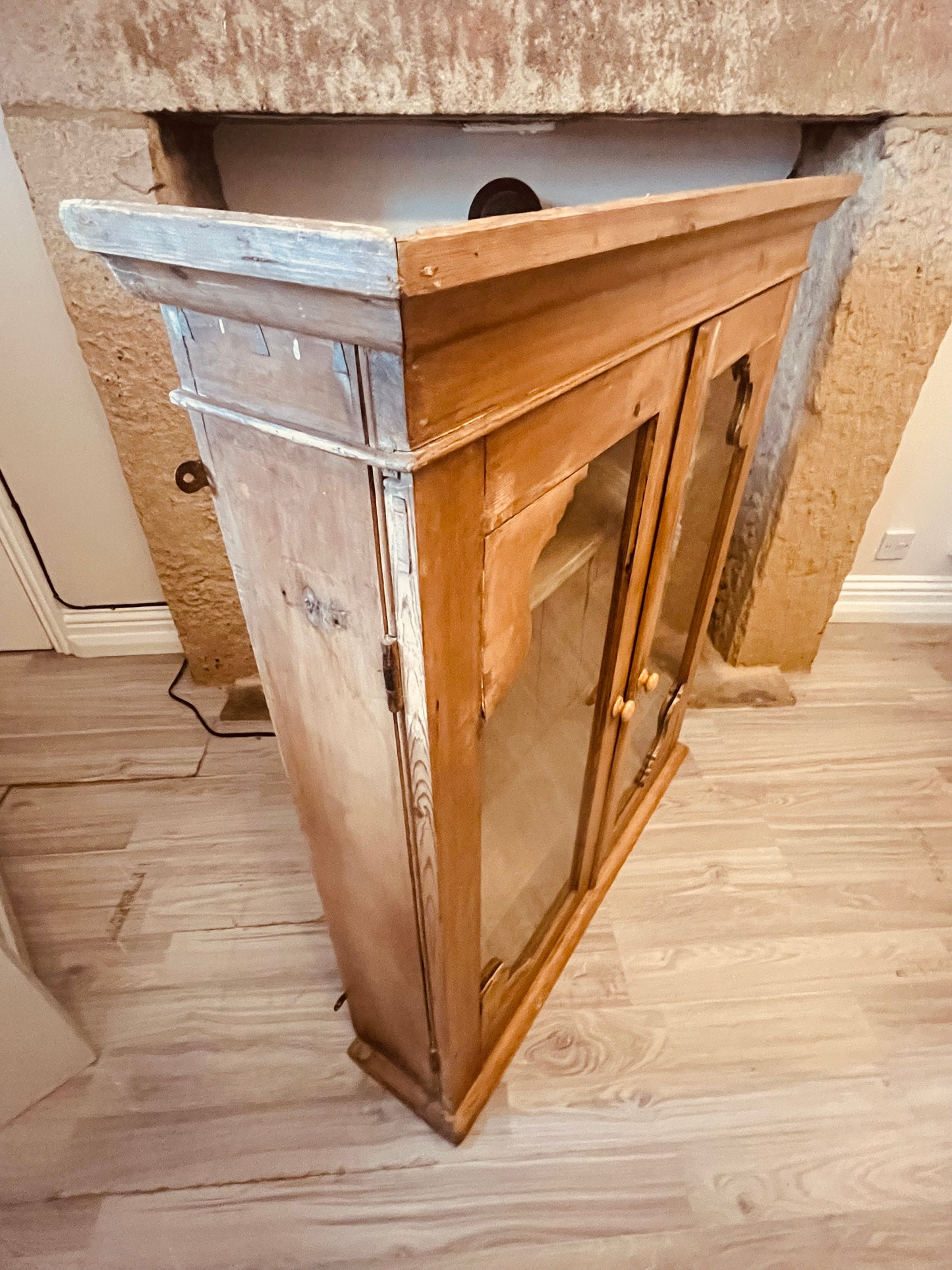 Antique Rustic Pine Glazed Cabinet – Glass Front Farmhouse Cupboard (c.1900–1915)