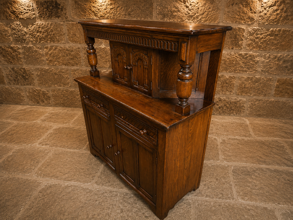 Vintage Carved Oak Jacobean Revival Dresser Base with Raised Back