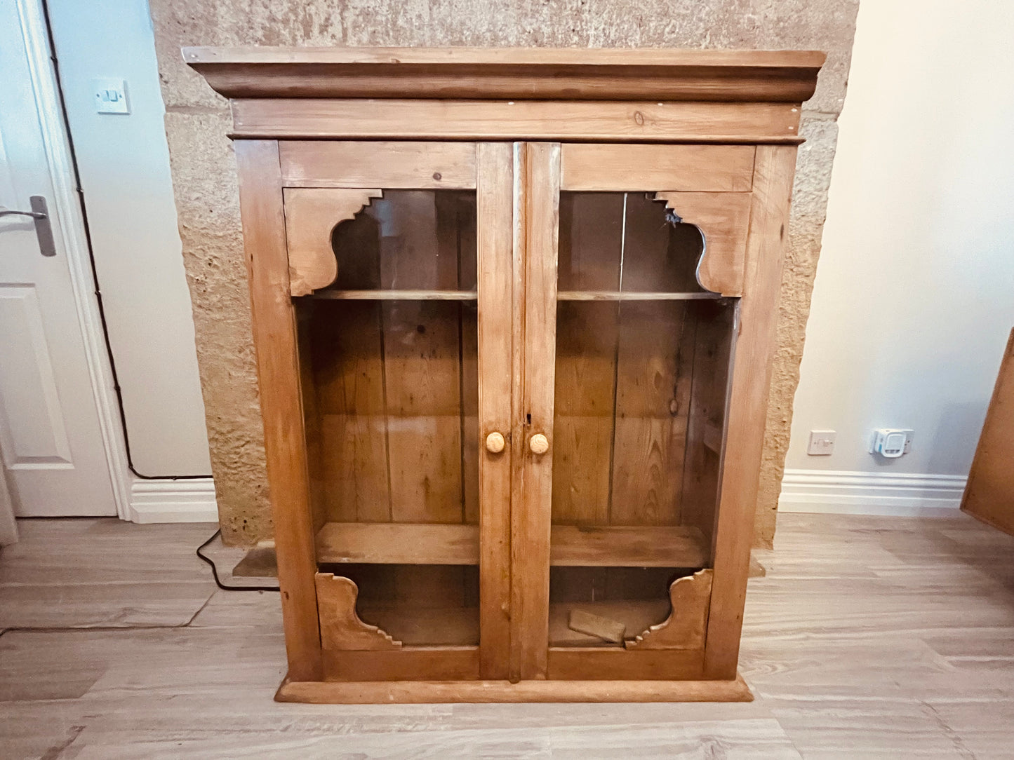 Antique Rustic Pine Glazed Cabinet – Glass Front Farmhouse Cupboard (c.1900–1915)