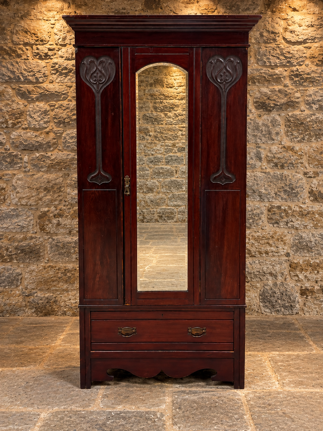 Antique Edwardian Art Nouveau Mahogany Mirrored Wardrobe – c.1900