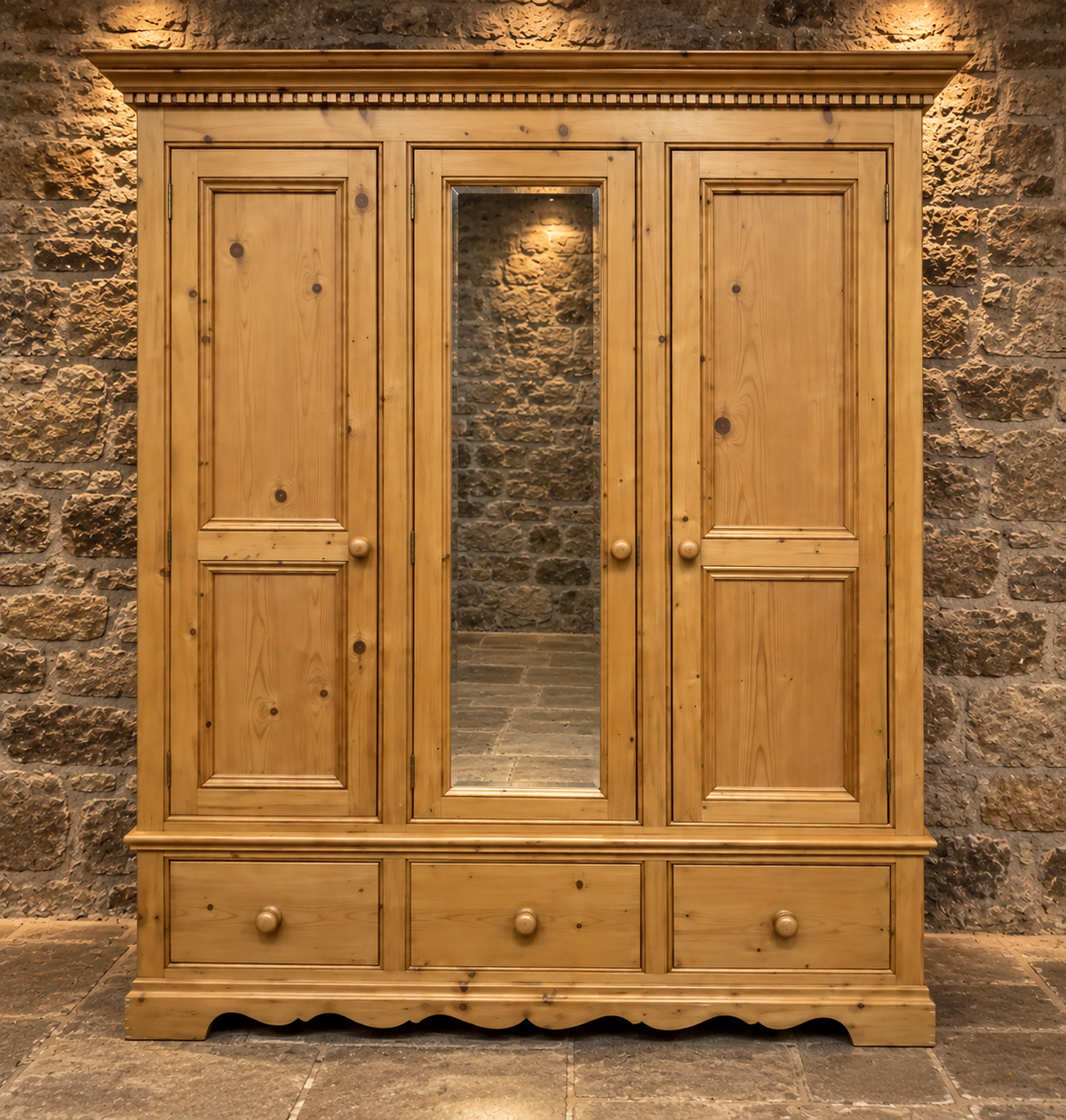 Antique Victorian Pine Triple Wardrobe c.1900 – Large Mirrored 3 Door Wardrobe