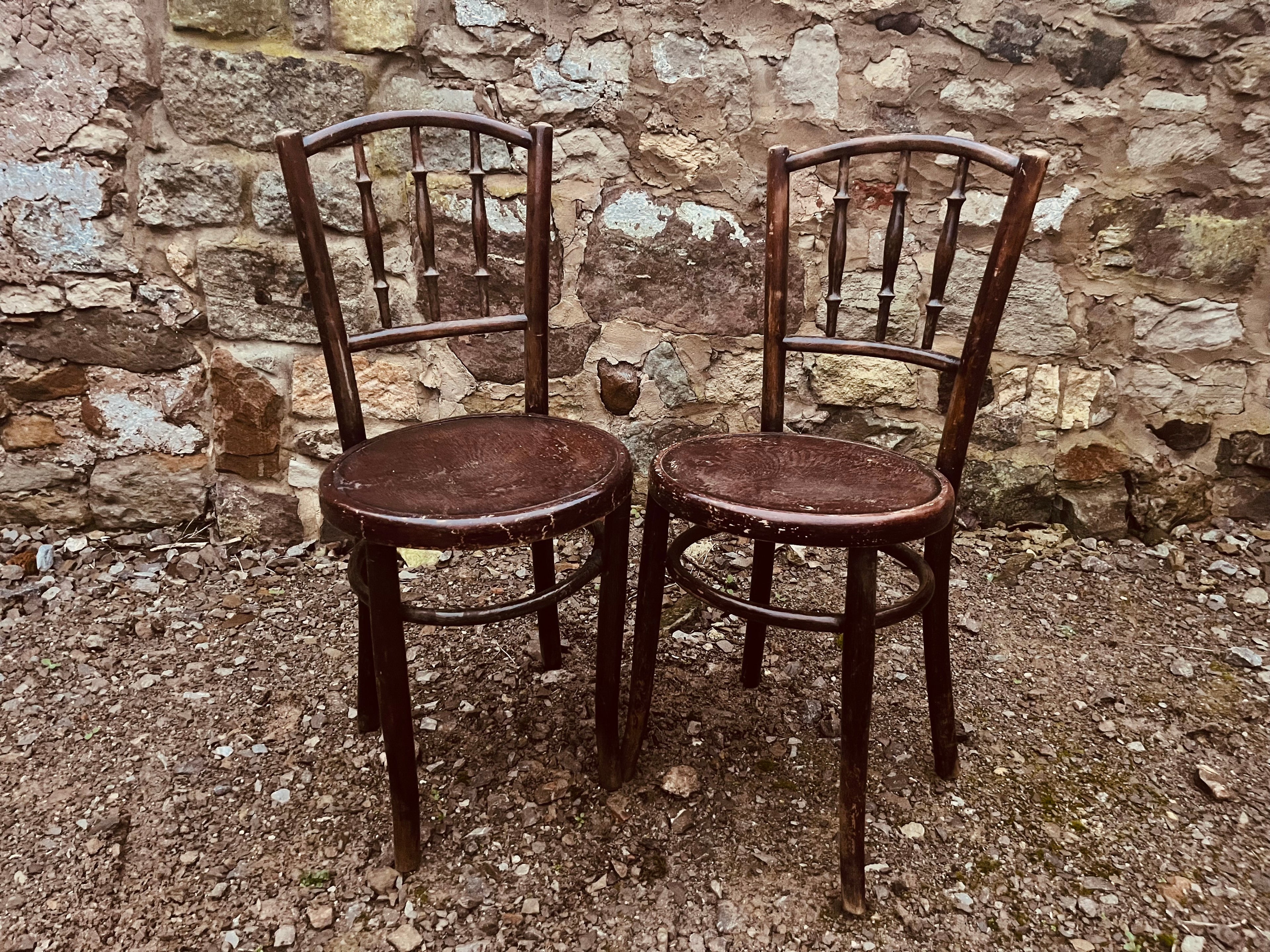 Pair of Vintage Bentwood Café Chairs with Embossed Seats