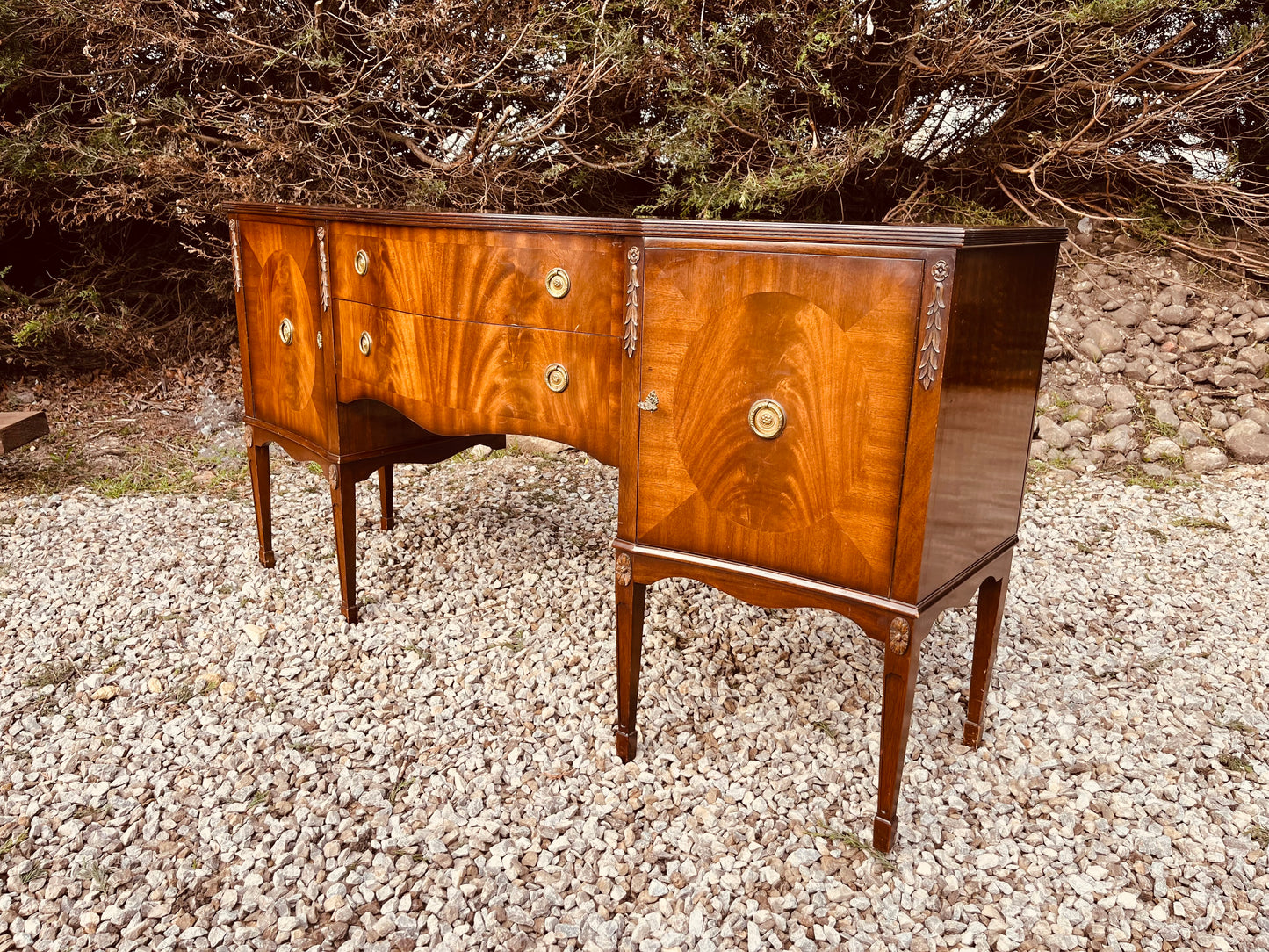 Antique Edwardian Mahogany Bow Front Sideboard – Sheraton Revival Flame Mahogany Server Cabinet