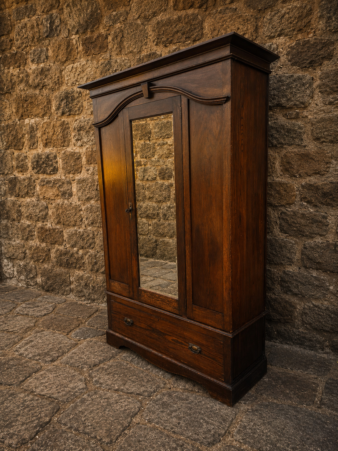 Antique Victorian Oak Mirrored Wardrobe c.1900