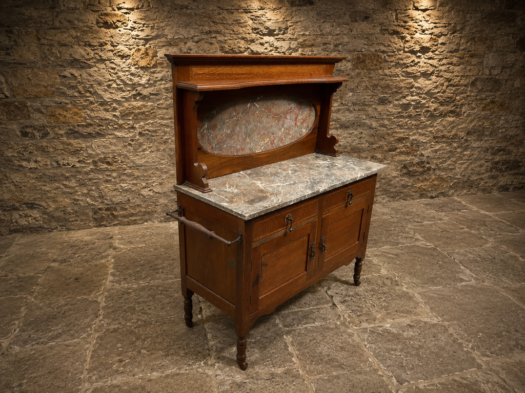 Antique Edwardian Marble Top Washstand with Oval Marble Splashback – c.1890–1910
