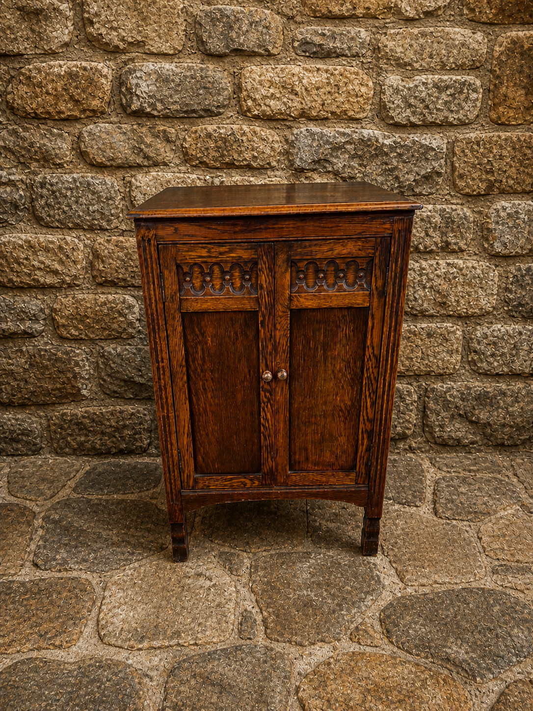 Antique Oak Smokers Cabinet – Arts & Crafts Jacobean Revival Storage Cabinet