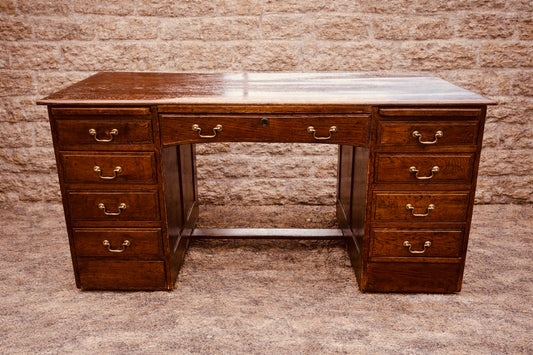Antique Oak Pedestal Desk with 9 Drawers, Early 20th Century