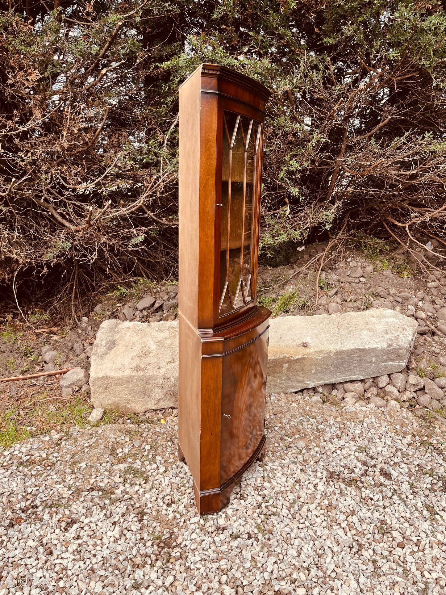 Antique Edwardian Mahogany Corner Display Cabinet with Leaded Glass