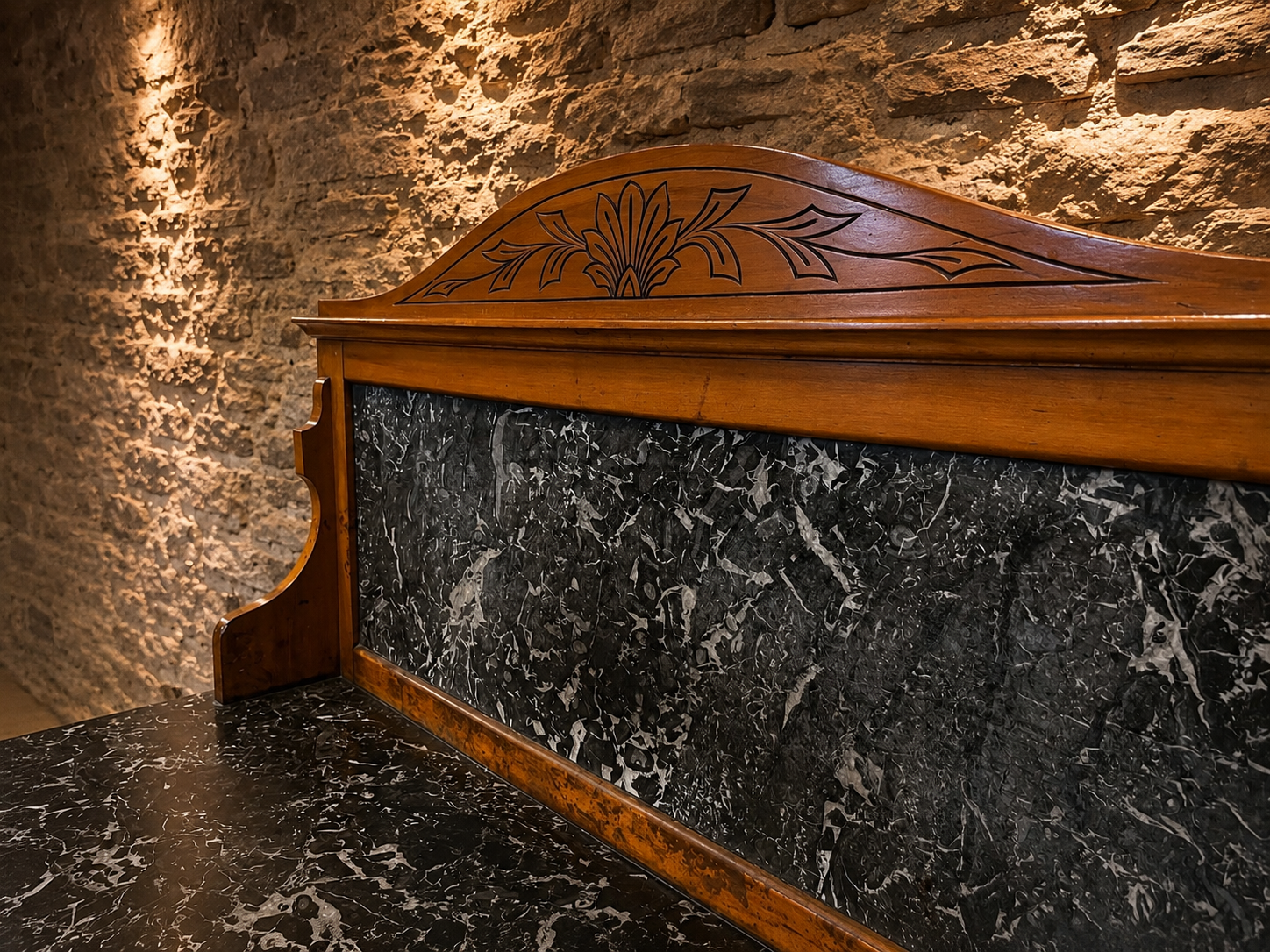 Victorian French Walnut Marble Top Washstand | Antique Fossil Marble Vanity Cabinet | Circa 1880–1900