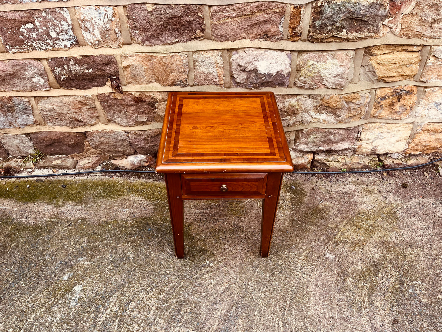 Late 20th Century Solid Wood Bedside Table with Inlaid Top – Vintage Side Table