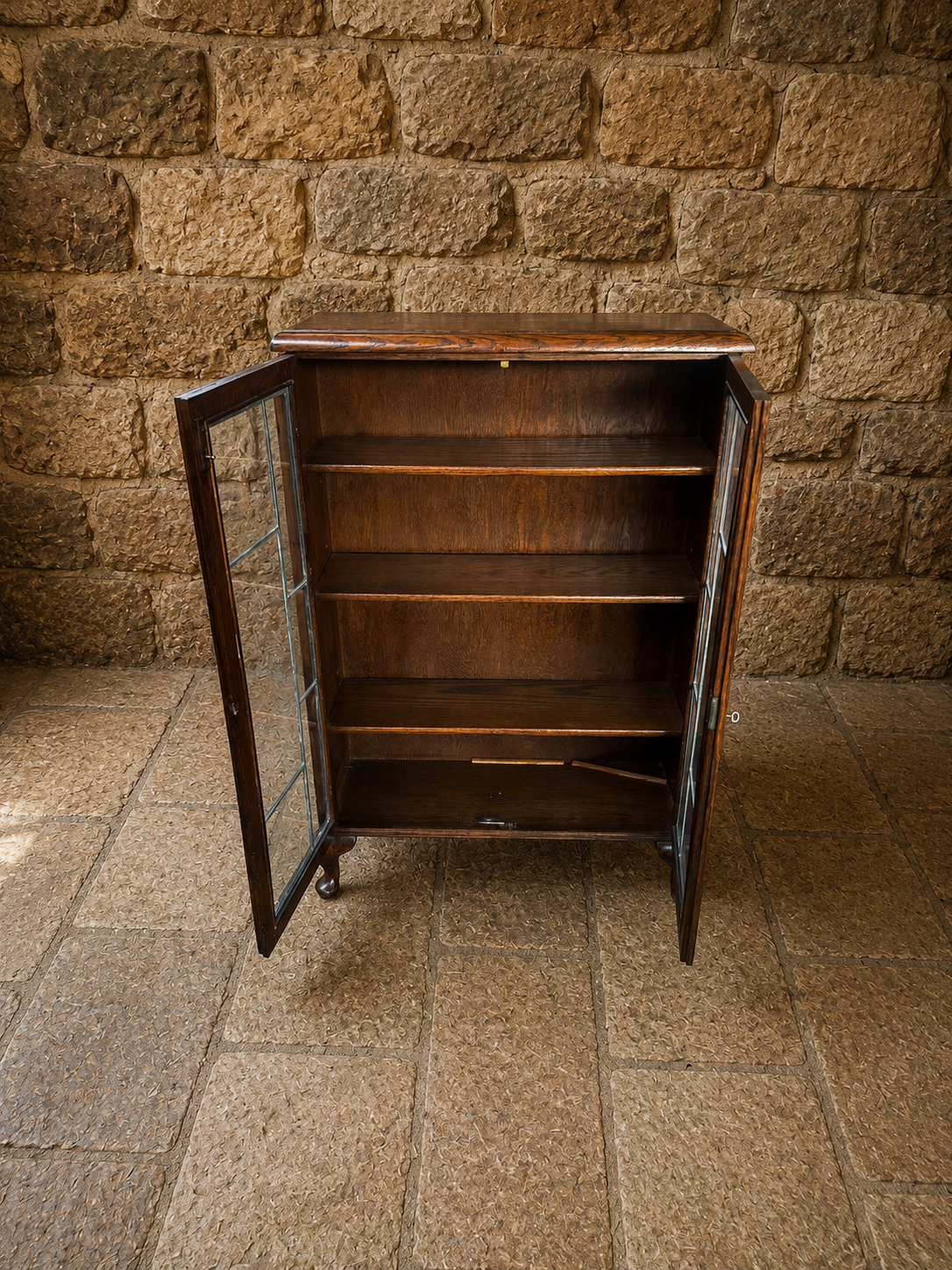 Antique Edwardian Oak Leaded Glass Bookcase c1900