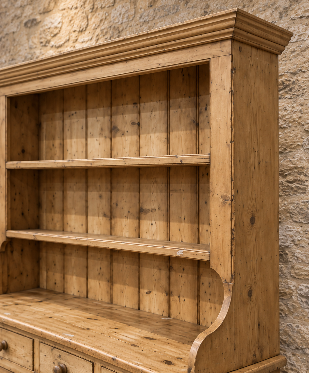 Vintage pine farmhouse dresser with open shelving