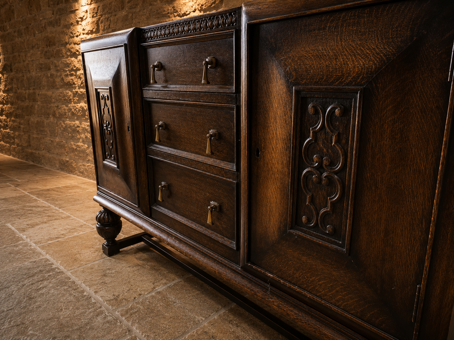 Circa 1930 Jacobean Revival Carved Oak Sideboard