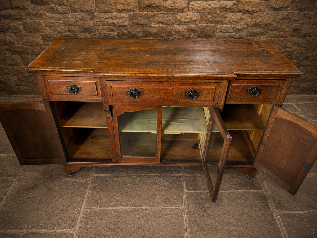 Antique Edwardian Figured Oak Sideboard c.1900 – Glazed Country House Buffet Cabinet