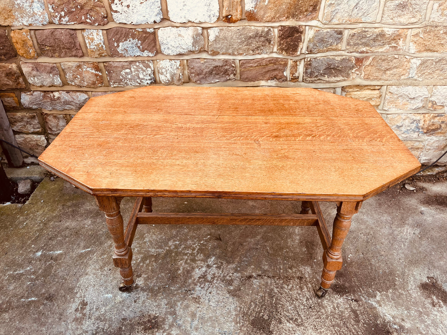 Antique Edwardian Oak Occasional Table – Octagonal Tiger Oak Side Table on Castors