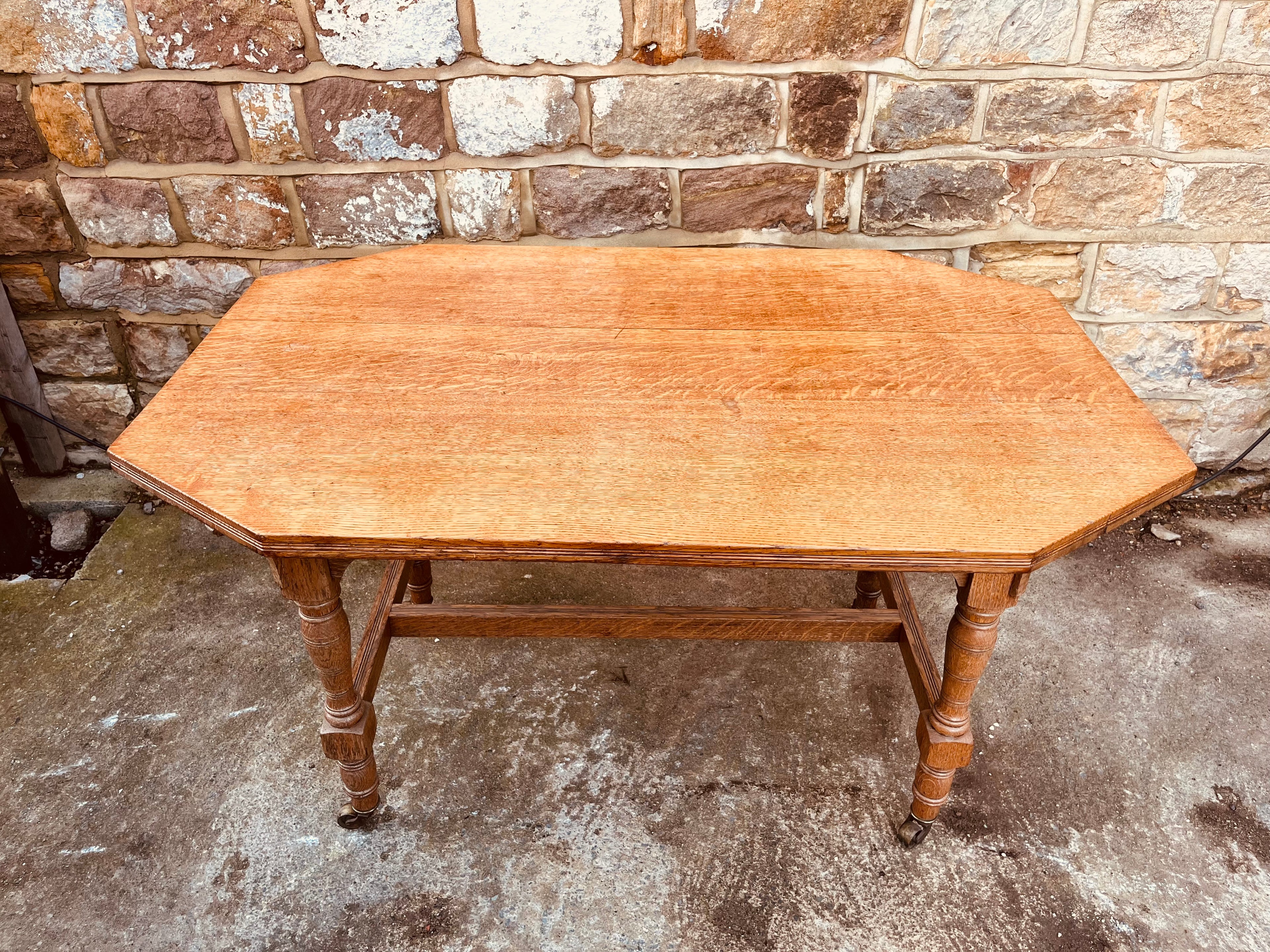 Antique Edwardian Oak Occasional Table – Octagonal Tiger Oak Side Table on Castors