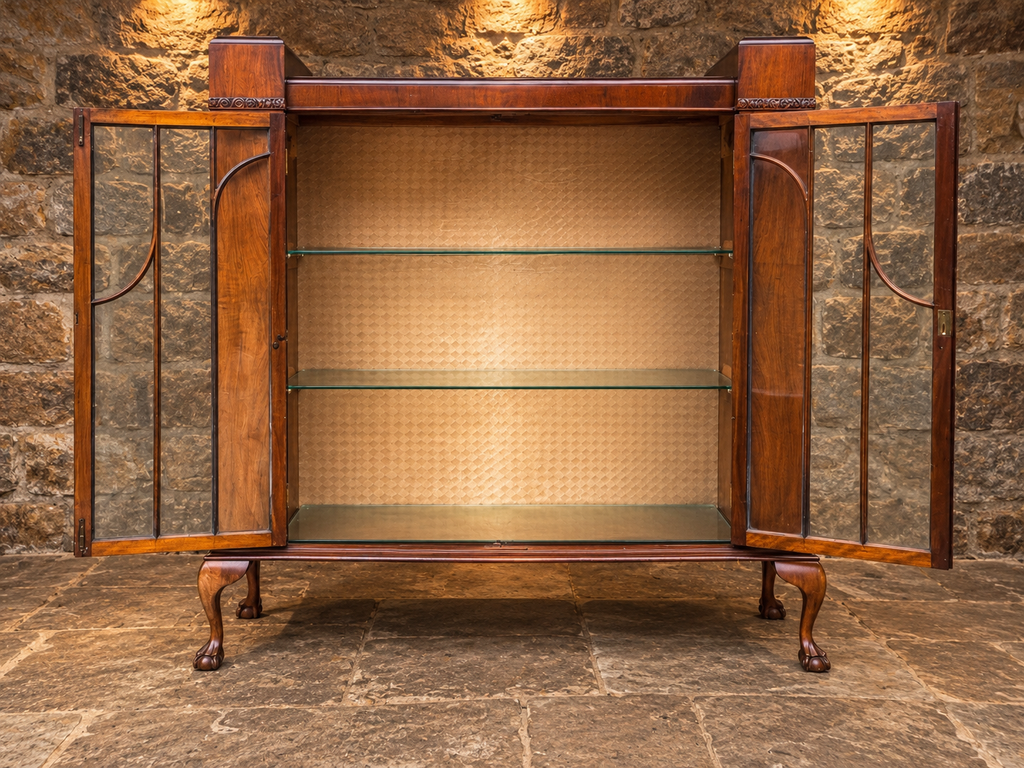 Antique Art Deco Figured Walnut Glazed Display Cabinet – c.1930
