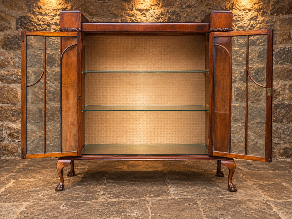Antique Art Deco Figured Walnut Glazed Display Cabinet – c.1930