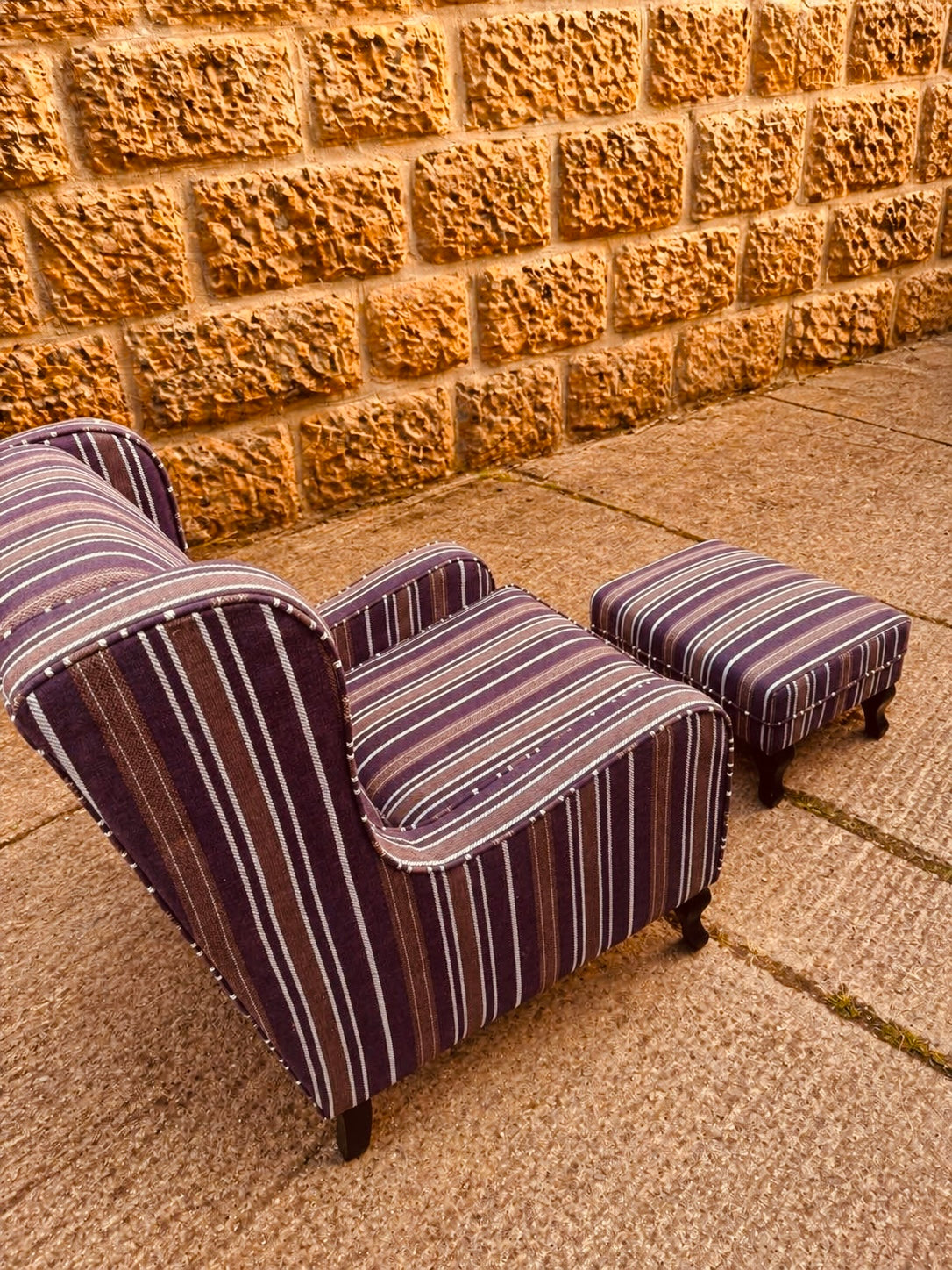 Wingback Armchair and Footstool Set – Striped Upholstered Accent Chair