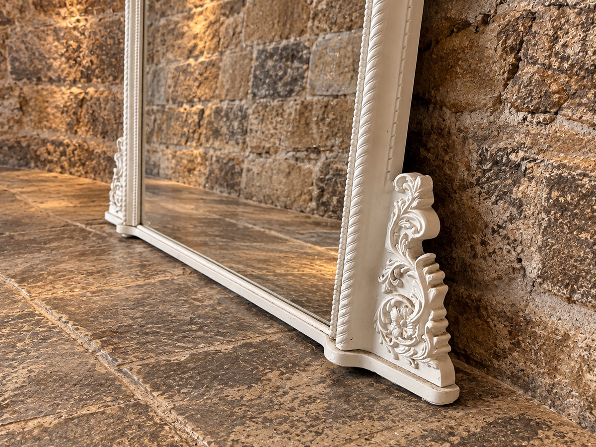 Large Ornate White Overmantel Mirror – Victorian Rococo Style Statement Fireplace Mirror