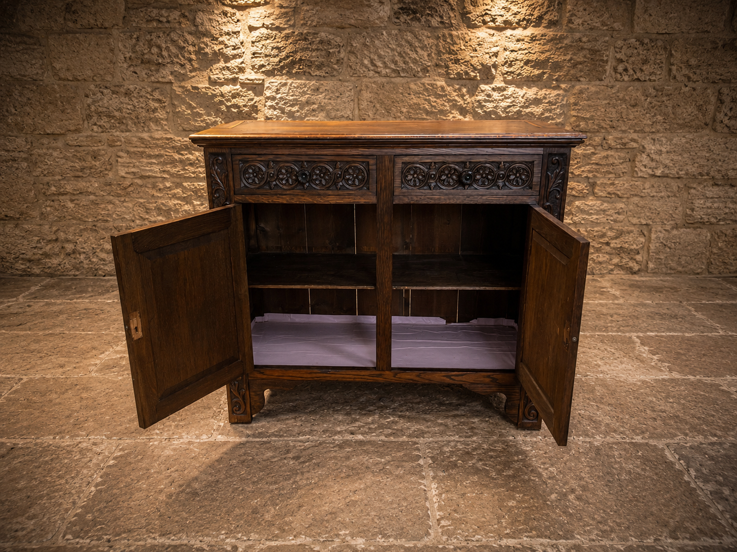 Antique Arts & Crafts Oak Sideboard – Edwardian Carved Oak Cabinet | Liberty Style Server with Floral Carvings