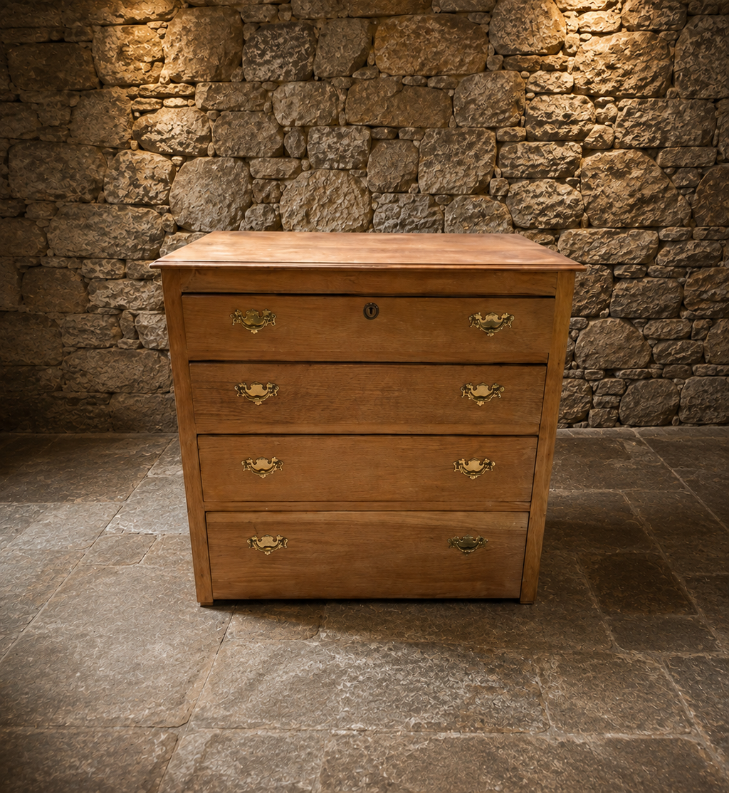 Vintage Natural Oak Four Drawer Chest – Georgian Style Brass Handle Chest of Drawers