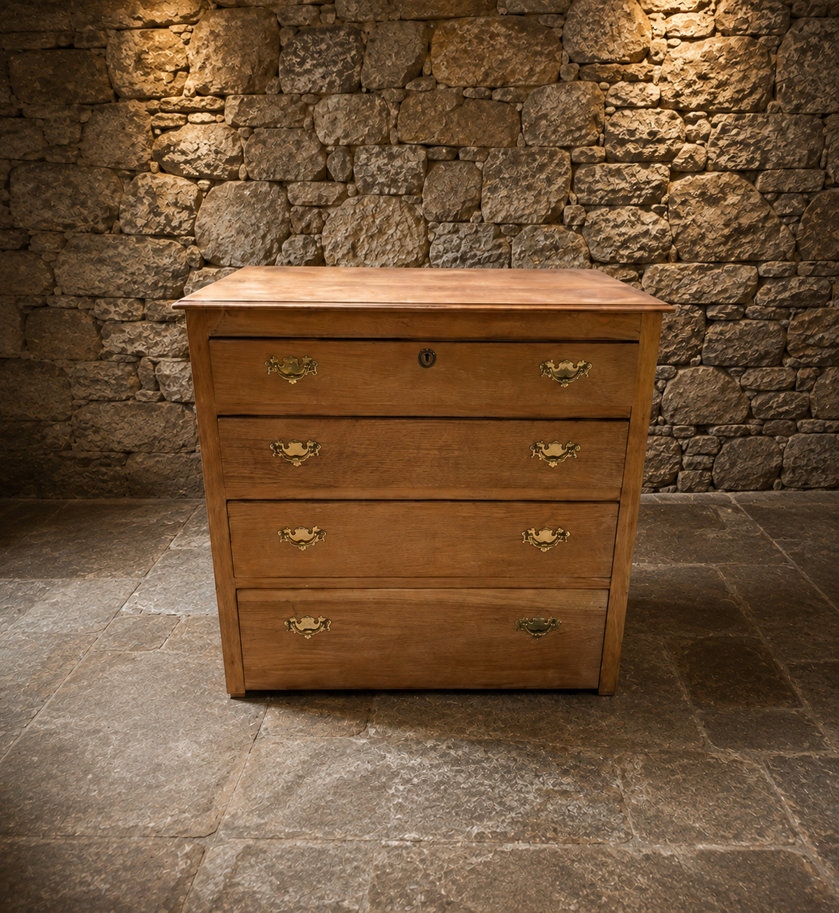 Vintage Natural Oak Four Drawer Chest – Georgian Style Brass Handle Chest of Drawers