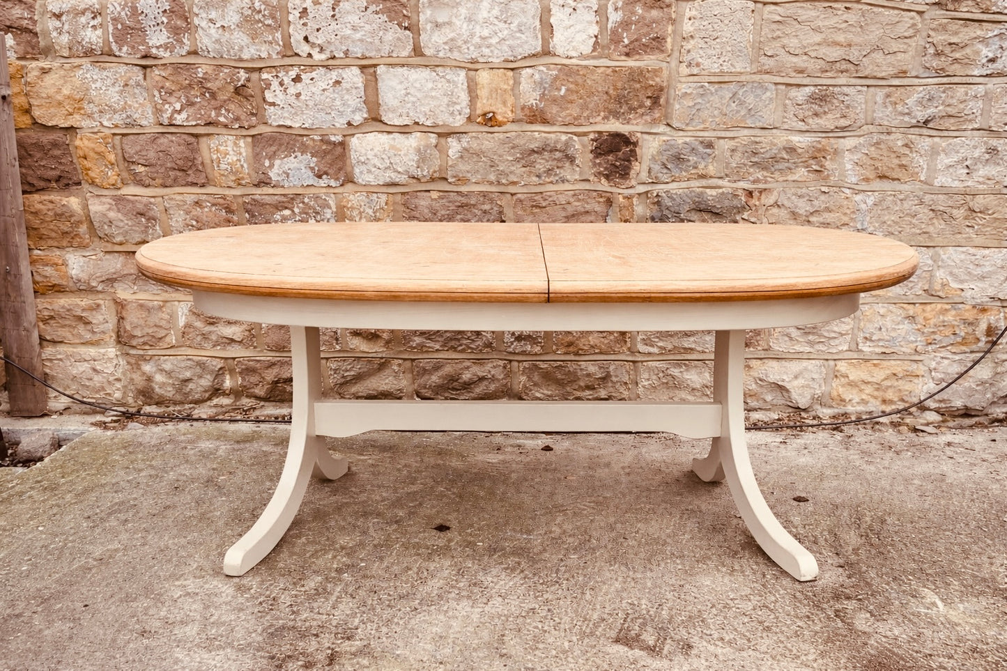 Large Solid Oak Extendable Oval Dining Table with Sanded Natural Top & Painted Base