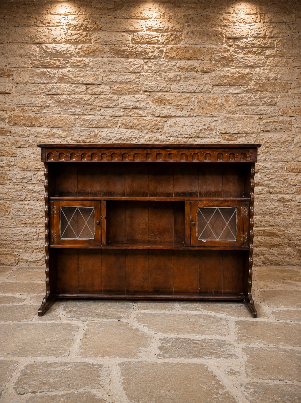 Antique Arts & Crafts Oak Dresser Top Bookcase with Leaded Glass Cupboards | Jacobean Revival Display Cabinet | Circa 1910