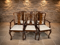 Set of 6 Queen Anne Style Dining Chairs | Mahogany & Burr Walnut Dining Chairs | Vintage English Dining Suite | 4 Chairs & 2 Carvers