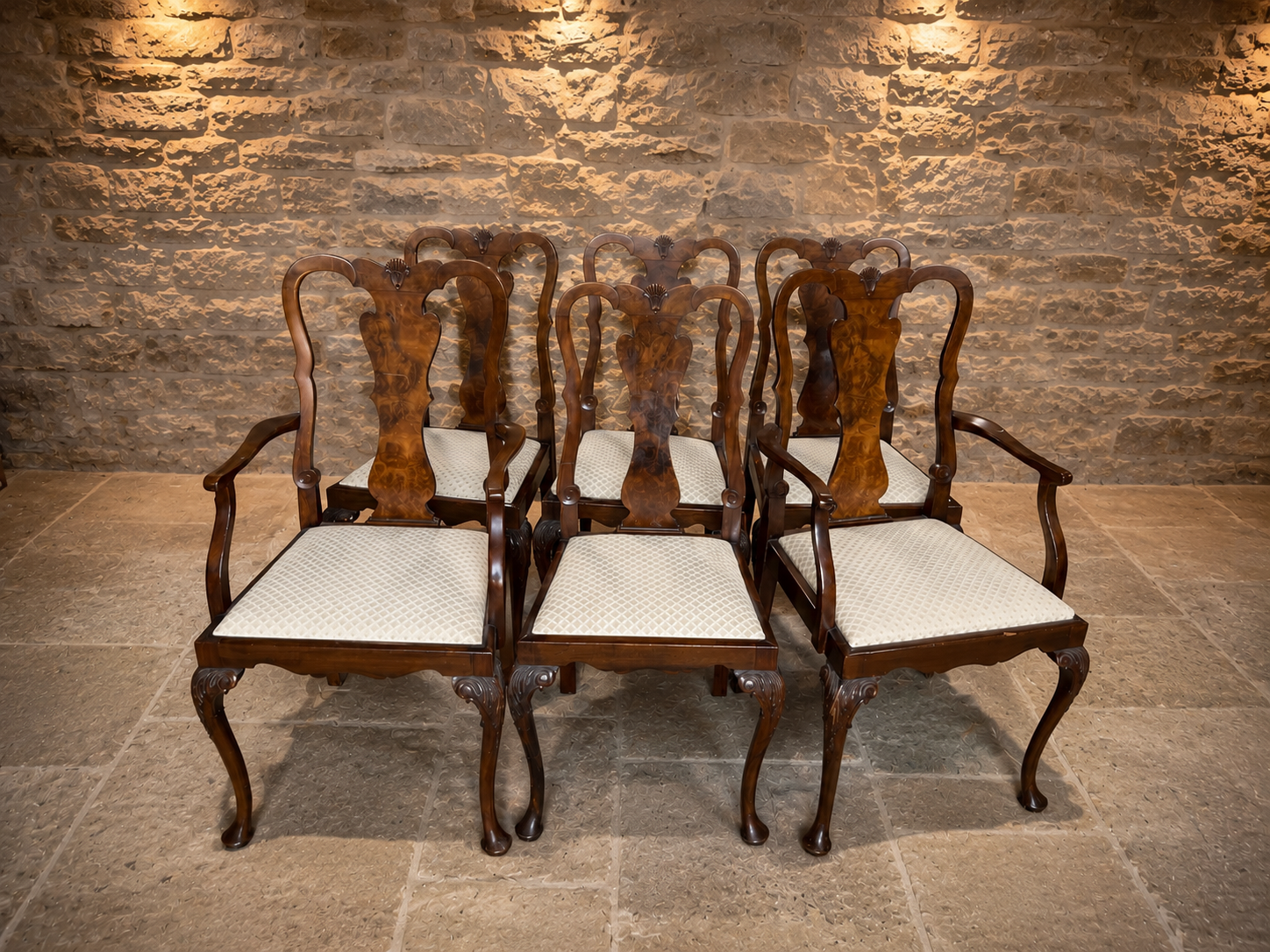 Set of 6 Queen Anne Style Dining Chairs | Mahogany & Burr Walnut Dining Chairs | Vintage English Dining Suite | 4 Chairs & 2 Carvers