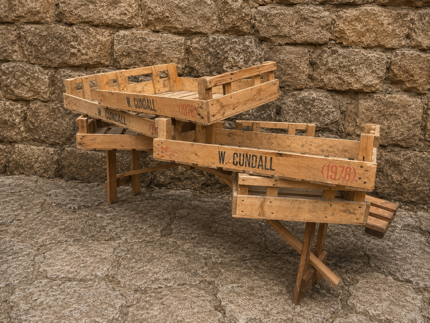Set of 5 Original W. Cundall Market Crates c.1978 | Vintage Wooden Produce Crates