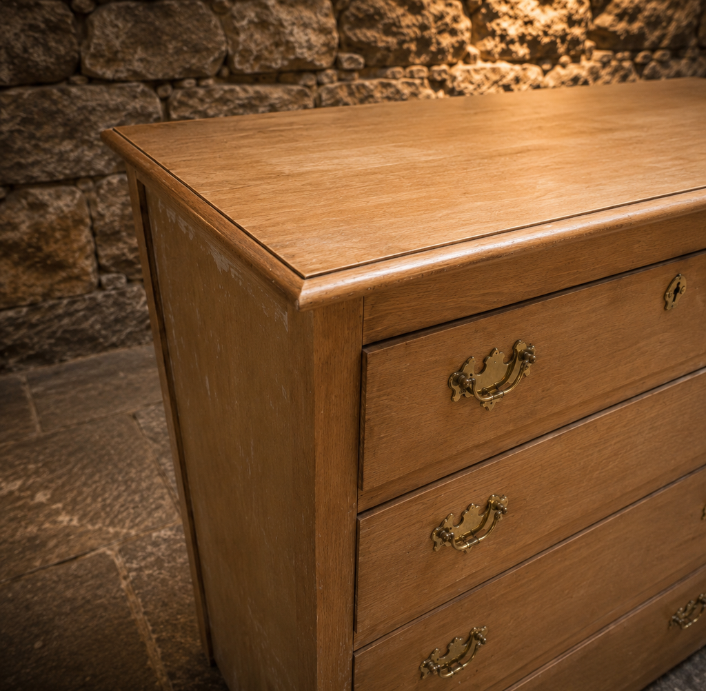 Vintage Natural Oak Four Drawer Chest – Georgian Style Brass Handle Chest of Drawers